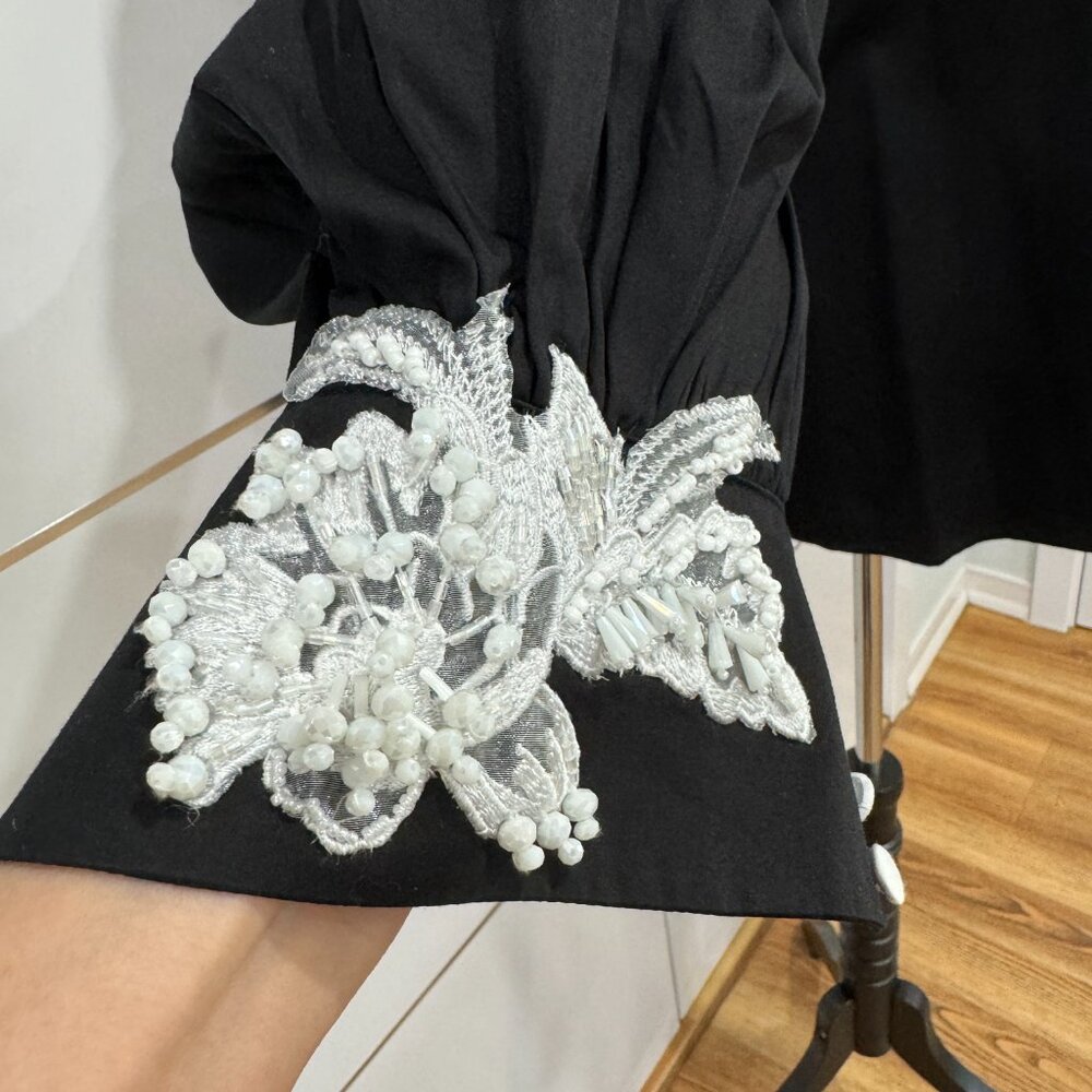 GIZIA Belted Embroidery Detailed Voluminous Sleeve Black Blouse, Size 38 - Picture 6 of 17